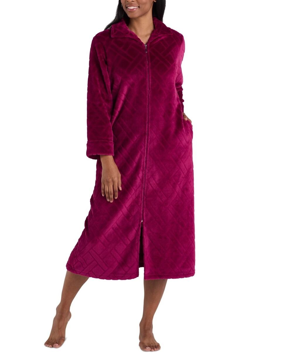 Miss Elaine Women's Long Zip-Front Fleece Robe Wine Size M 3375